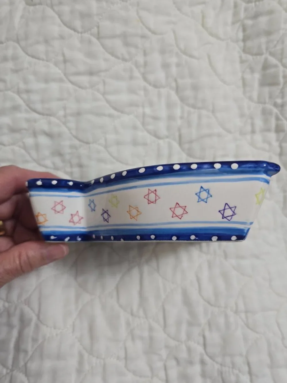 Menorah Shaped Candy Bowl Susan Fischer Weis Design Rainbow Design Ceramic Dish.